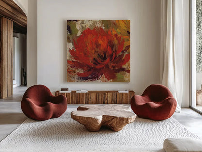 Fiery Dahlias II Red Flower by Silvia Vassileva. Shown as extra-large giant wall art in a modern living room. Available as an archival giclee rolled canvas, fine art paper, or poster print. SKU 10548a.