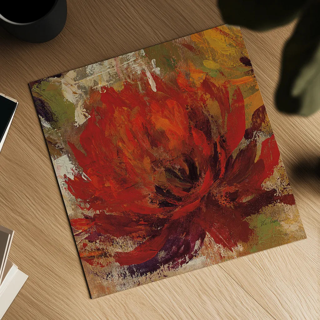 Fiery Dahlias II Red Flower by Silvia Vassileva. Shown as a detailed flat fine art print, highlighting archival giclee quality. Available as an archival giclee rolled canvas, fine art paper, or poster print. SKU 15707a.