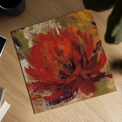 Fiery Dahlias II Red Flower by Silvia Vassileva. Shown as a detailed flat fine art print, highlighting archival giclee quality. Available as an archival giclee rolled canvas, fine art paper, or poster print. SKU 15707a.