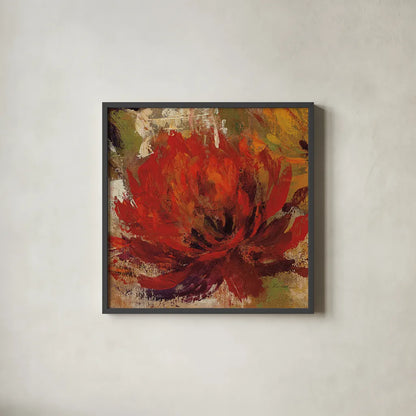 Fiery Dahlias II Red Flower by Silvia Vassileva. Shown in a sleek black glass frame for a contemporary gallery look. Available as an archival giclee rolled canvas, fine art paper, or poster print. SKU 15707a.
