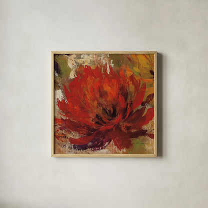 Fiery Dahlias II Red Flower by Silvia Vassileva. Shown in a natural wood glass frame for a timeless modern aesthetic. Available as an archival giclee rolled canvas, fine art paper, or poster print. SKU 15707a.