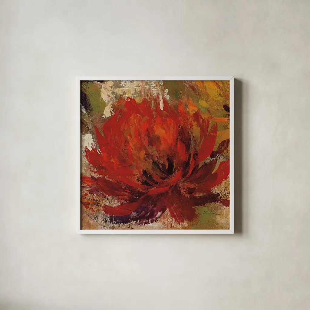 Fiery Dahlias II Red Flower by Silvia Vassileva. Shown in a crisp white glass frame for a clean and minimalist style. Available as an archival giclee rolled canvas, fine art paper, or poster print. SKU 15707a.