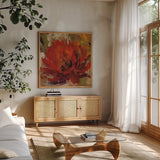 Fiery Dahlias II Red Flower by Silvia Vassileva. Shown in a natural wood frame in a cozy modern living room. Available as an archival giclee rolled canvas, fine art paper, or poster print. SKU 15707a.