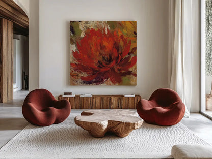 Fiery Dahlias II Red Flower by Silvia Vassileva. Shown as extra-large giant wall art in a modern living room. Available as an archival giclee rolled canvas, fine art paper, or poster print. SKU 15707a.