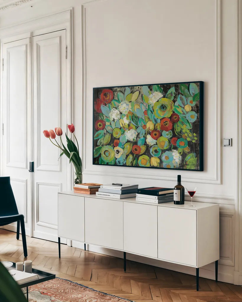 Fiesta Floral by Silvia Vassileva. shown as a framed stretched canvas in a living room above a console. Available as a archival giclee rolled canvas, fine art paper, or poster print. SKU 28785i.