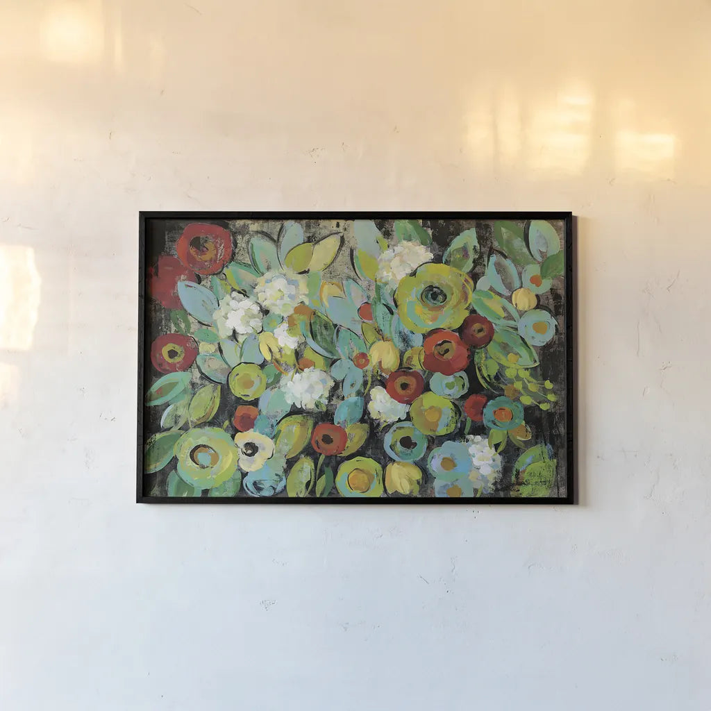 Fiesta Floral by Silvia Vassileva. shown as a paper print in a black flame. Available as a archival giclee rolled canvas, fine art paper, or poster print. SKU 28785i.