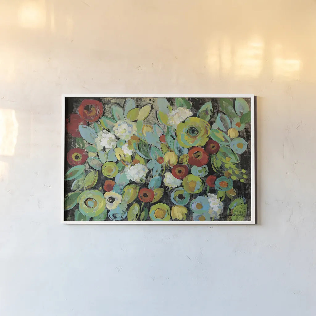 Fiesta Floral by Silvia Vassileva. shown as a paper print in a white frame. Available as a archival giclee rolled canvas, fine art paper, or poster print. SKU 28785i.