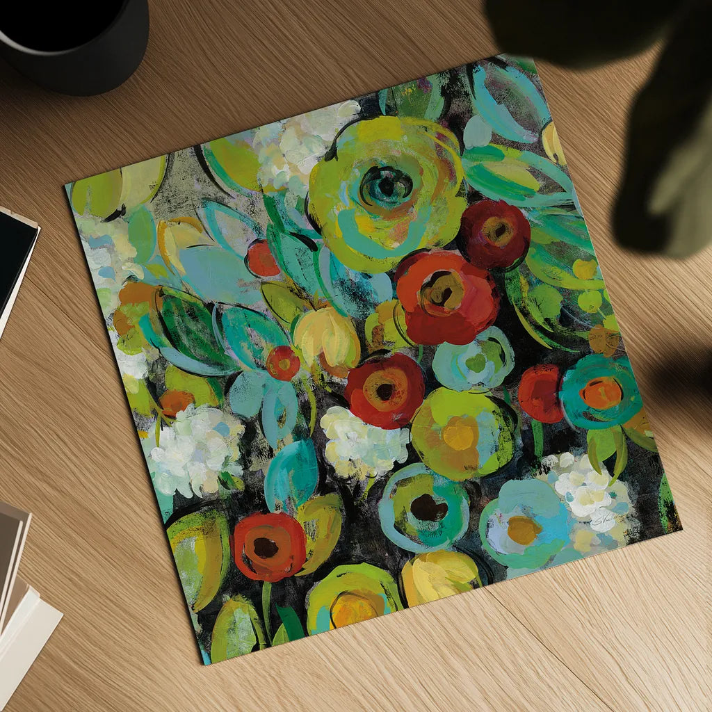 Fiesta Floral Crop by Silvia Vassileva. Shown as a detailed flat fine art print, highlighting archival giclee quality. Available as an archival giclee rolled canvas, fine art paper, or poster print. SKU 28785a.