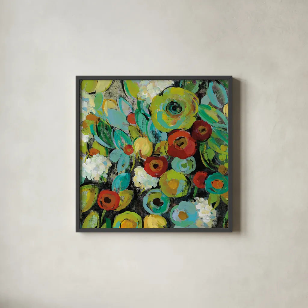 Fiesta Floral Crop by Silvia Vassileva. Shown in a sleek black glass frame for a contemporary gallery look. Available as an archival giclee rolled canvas, fine art paper, or poster print. SKU 28785a.