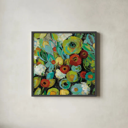 Fiesta Floral Crop by Silvia Vassileva. Shown in a sleek black glass frame for a contemporary gallery look. Available as an archival giclee rolled canvas, fine art paper, or poster print. SKU 28785a.