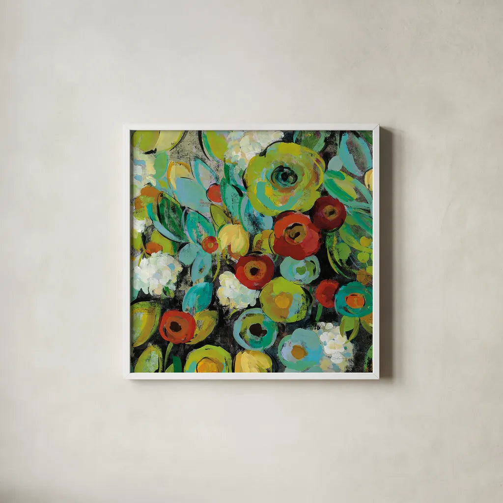 Fiesta Floral Crop by Silvia Vassileva. Shown in a crisp white glass frame for a clean and minimalist style. Available as an archival giclee rolled canvas, fine art paper, or poster print. SKU 28785a.