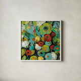 Fiesta Floral Crop by Silvia Vassileva. Shown in a crisp white glass frame for a clean and minimalist style. Available as an archival giclee rolled canvas, fine art paper, or poster print. SKU 28785a.