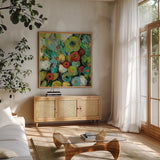 Fiesta Floral Crop by Silvia Vassileva. Shown in a natural wood frame in a cozy modern living room. Available as an archival giclee rolled canvas, fine art paper, or poster print. SKU 28785a.