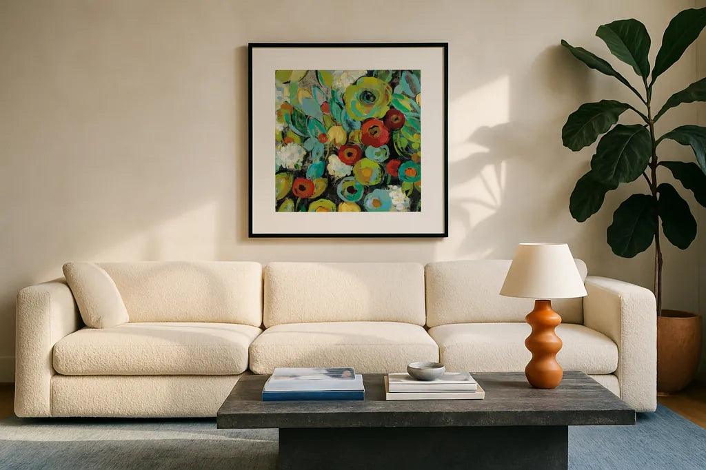 Fiesta Floral Crop by Silvia Vassileva. Displayed in a glass frame with matte in a clean modern living room. Available as an archival giclee rolled canvas, fine art paper, or poster print. SKU 28785a.