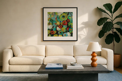 Fiesta Floral Crop by Silvia Vassileva. Displayed in a glass frame with matte in a clean modern living room. Available as an archival giclee rolled canvas, fine art paper, or poster print. SKU 28785a.