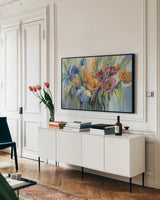 Fire Flowers by Silvia Vassileva. shown as a framed stretched canvas in a living room above a console. Available as a archival giclee rolled canvas, fine art paper, or poster print. SKU 87401i.