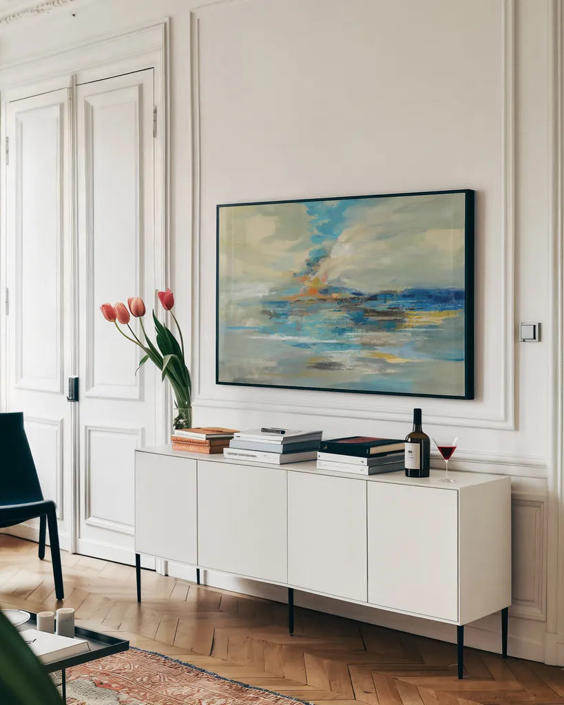 First Day of Summer by Silvia Vassileva. shown as a framed stretched canvas in a living room above a console. Available as a archival giclee rolled canvas, fine art paper, or poster print. SKU 61071i.