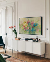 First Spring Flowers by Silvia Vassileva. shown as a framed stretched canvas in a living room above a console. Available as a archival giclee rolled canvas, fine art paper, or poster print. SKU 61072i.