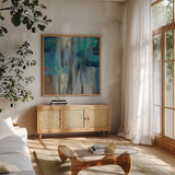 Fisherman Nets by Silvia Vassileva. Shown in a natural wood frame in a cozy modern living room. Available as an archival giclee rolled canvas, fine art paper, or poster print. SKU 59948a.