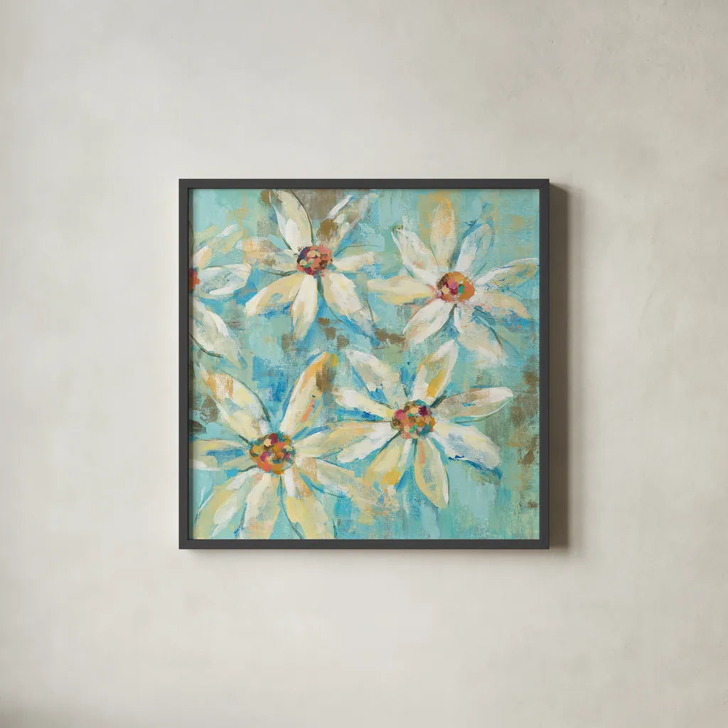 Fjord Floral II by Silvia Vassileva. Shown in a sleek black glass frame for a contemporary gallery look. Available as an archival giclee rolled canvas, fine art paper, or poster print. SKU 25211a.