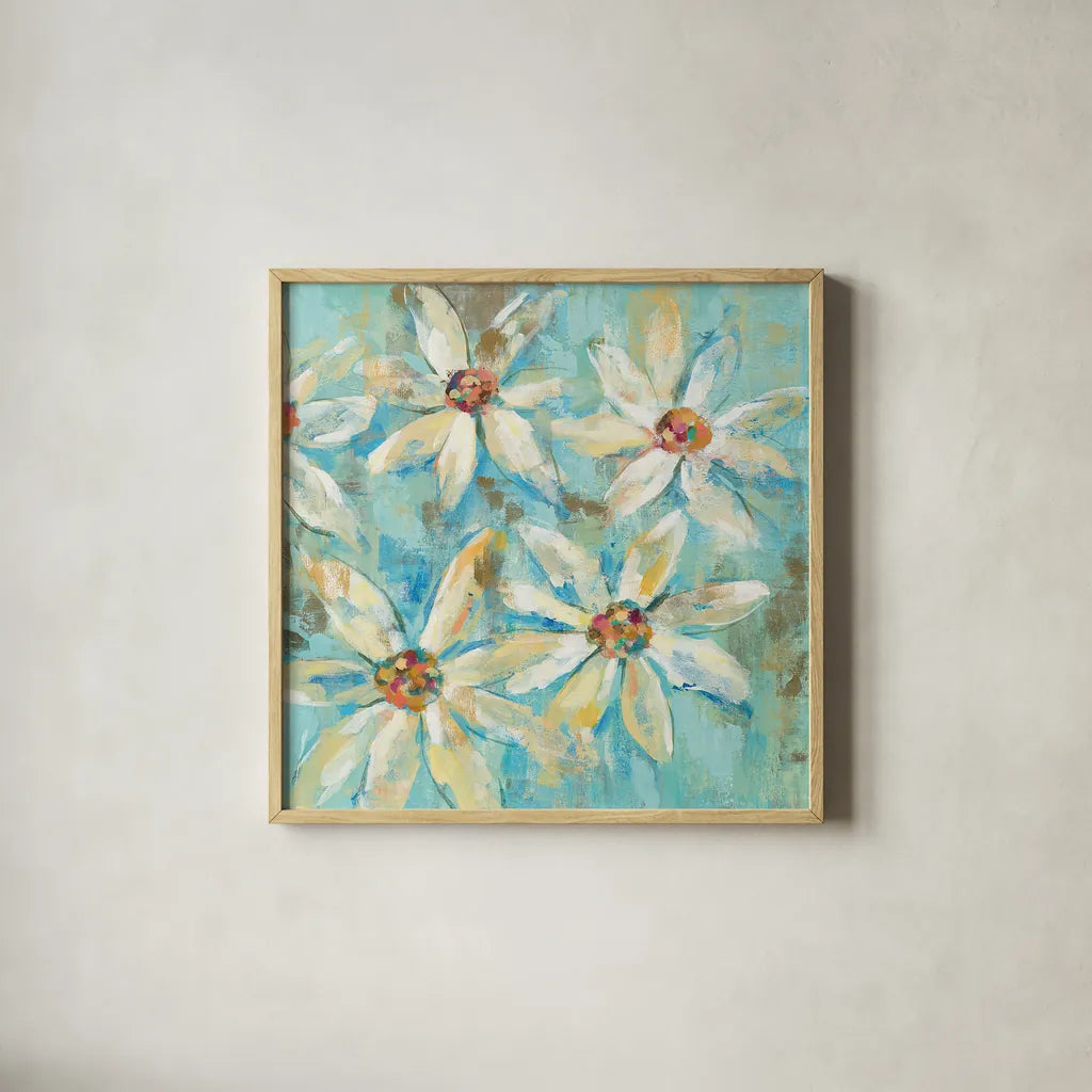 Fjord Floral II by Silvia Vassileva. Shown in a natural wood glass frame for a timeless modern aesthetic. Available as an archival giclee rolled canvas, fine art paper, or poster print. SKU 25211a.
