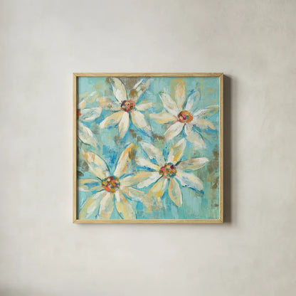 Fjord Floral II by Silvia Vassileva. Shown in a natural wood glass frame for a timeless modern aesthetic. Available as an archival giclee rolled canvas, fine art paper, or poster print. SKU 25211a.