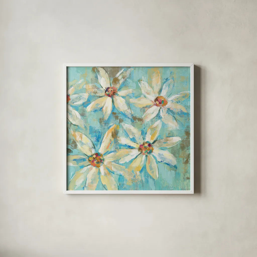 Fjord Floral II by Silvia Vassileva. Shown in a crisp white glass frame for a clean and minimalist style. Available as an archival giclee rolled canvas, fine art paper, or poster print. SKU 25211a.