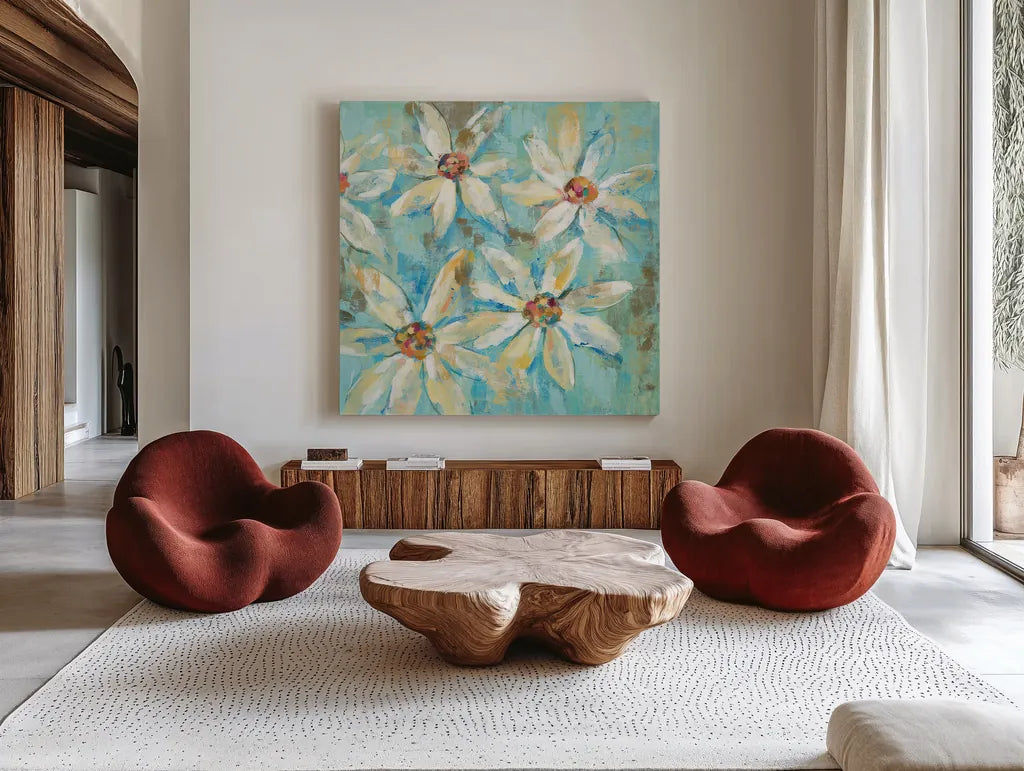 Fjord Floral II by Silvia Vassileva. Shown as extra-large giant wall art in a modern living room. Available as an archival giclee rolled canvas, fine art paper, or poster print. SKU 25211a.