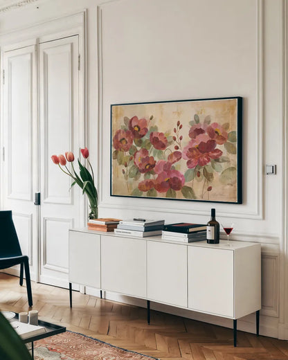 Fleurs Rouge by Silvia Vassileva. shown as a framed stretched canvas in a living room above a console. Available as a archival giclee rolled canvas, fine art paper, or poster print. SKU 15877i.