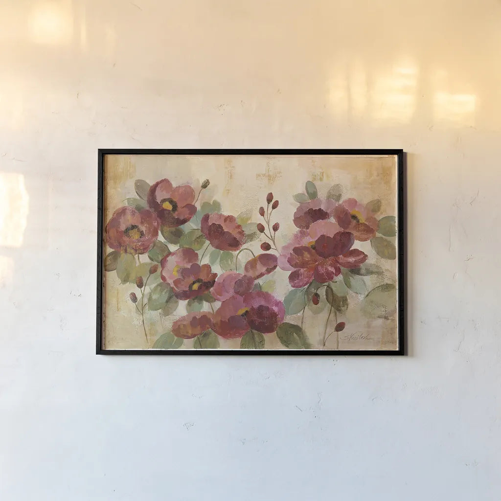 Fleurs Rouge by Silvia Vassileva. shown as a paper print in a black flame. Available as a archival giclee rolled canvas, fine art paper, or poster print. SKU 15877i.