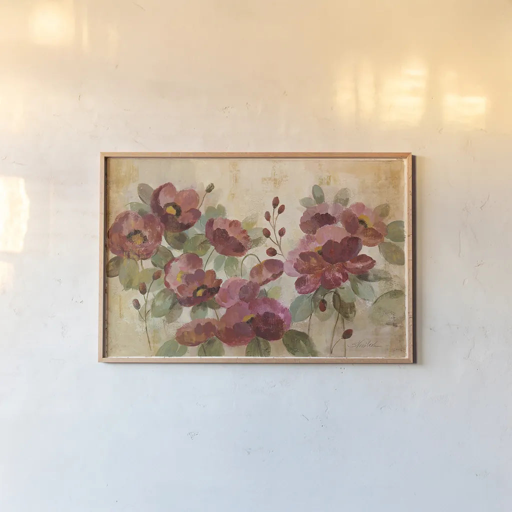 Fleurs Rouge by Silvia Vassileva. shown as a paper print in a natural frame. Available as a archival giclee rolled canvas, fine art paper, or poster print. SKU 15877i.