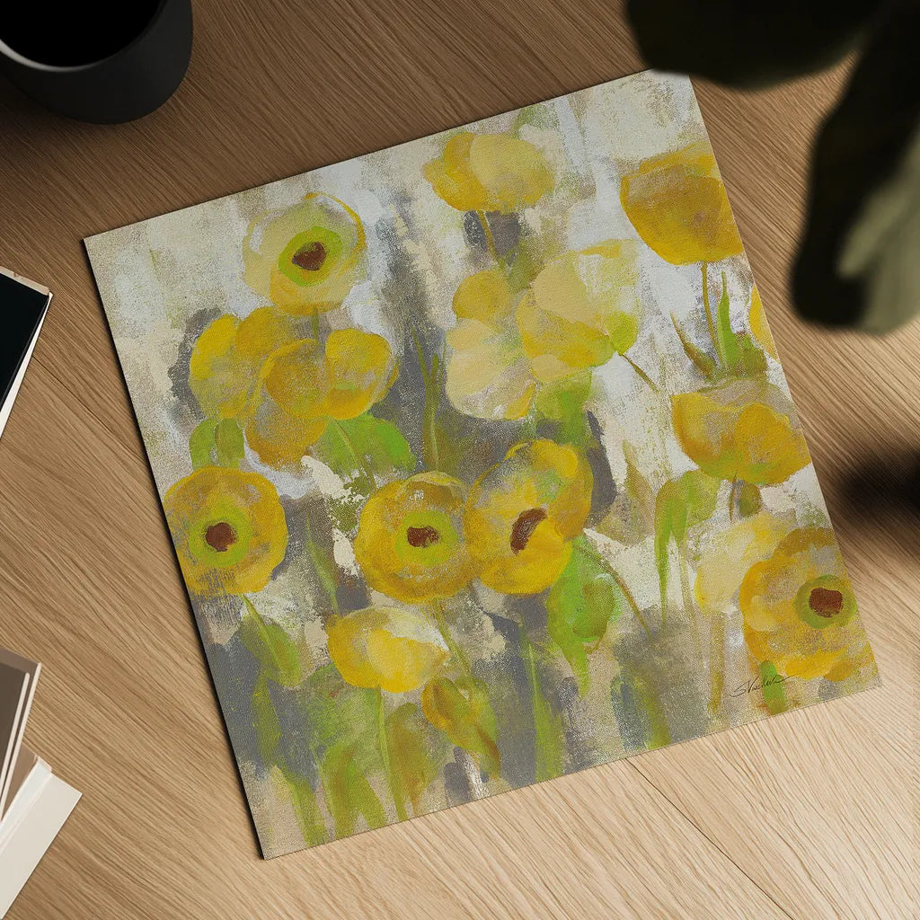 Floating Yellow Flowers IV by Silvia Vassileva. Shown as a detailed flat fine art print, highlighting archival giclee quality. Available as an archival giclee rolled canvas, fine art paper, or poster print. SKU 27814a.