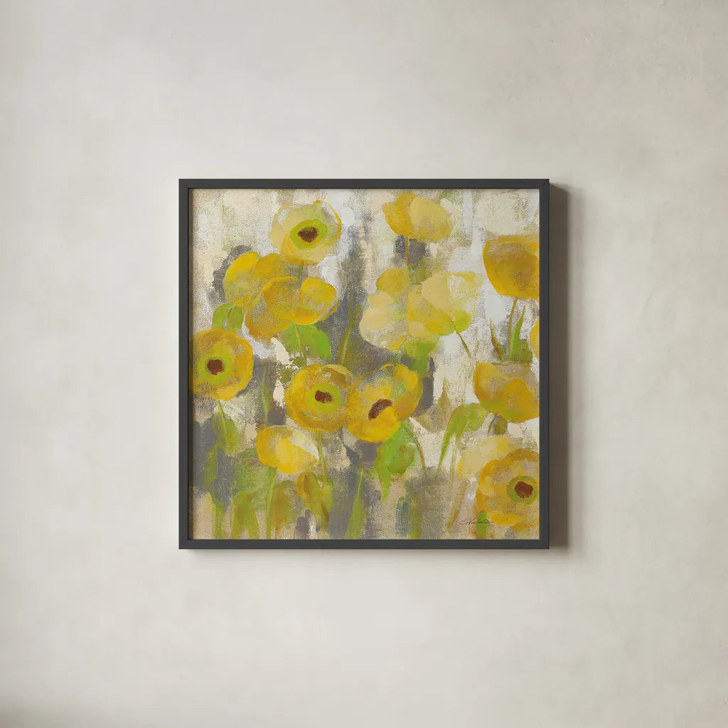 Floating Yellow Flowers IV by Silvia Vassileva. Shown in a sleek black glass frame for a contemporary gallery look. Available as an archival giclee rolled canvas, fine art paper, or poster print. SKU 27814a.