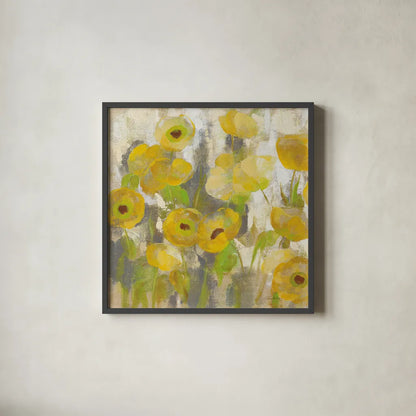 Floating Yellow Flowers IV by Silvia Vassileva. Shown in a sleek black glass frame for a contemporary gallery look. Available as an archival giclee rolled canvas, fine art paper, or poster print. SKU 27814a.