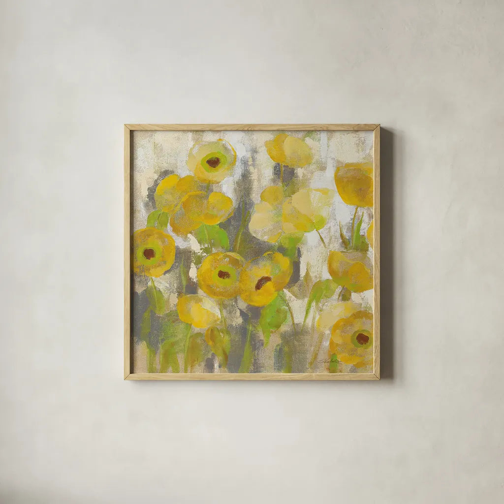 Floating Yellow Flowers IV by Silvia Vassileva. Shown in a natural wood glass frame for a timeless modern aesthetic. Available as an archival giclee rolled canvas, fine art paper, or poster print. SKU 27814a.