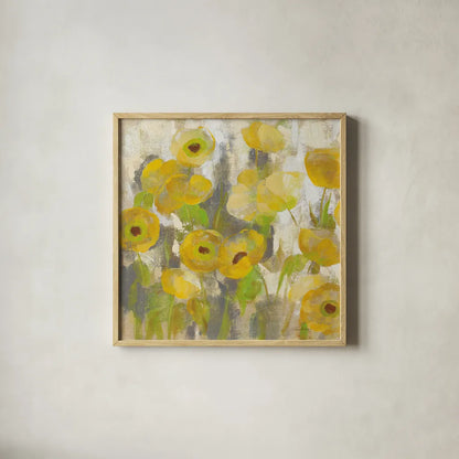 Floating Yellow Flowers IV by Silvia Vassileva. Shown in a natural wood glass frame for a timeless modern aesthetic. Available as an archival giclee rolled canvas, fine art paper, or poster print. SKU 27814a.
