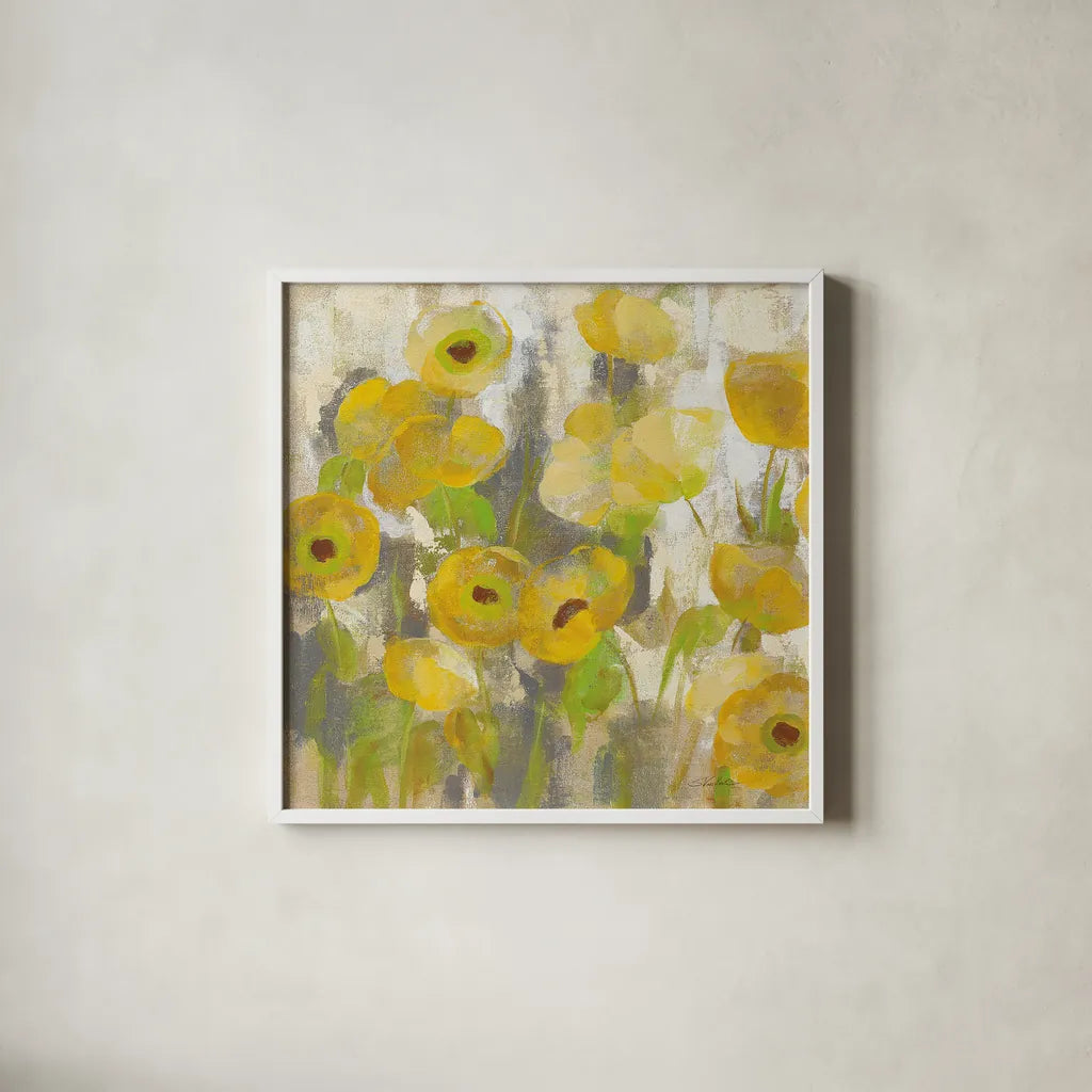 Floating Yellow Flowers IV by Silvia Vassileva. Shown in a crisp white glass frame for a clean and minimalist style. Available as an archival giclee rolled canvas, fine art paper, or poster print. SKU 27814a.