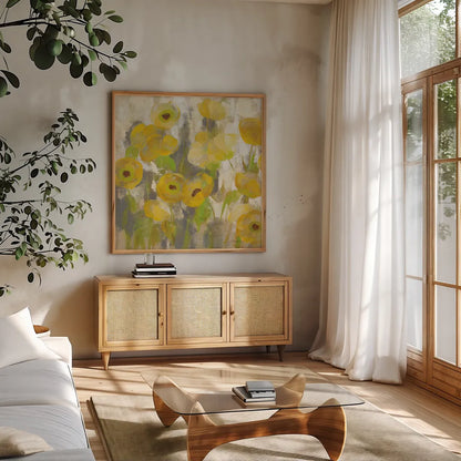 Floating Yellow Flowers IV by Silvia Vassileva. Shown in a natural wood frame in a cozy modern living room. Available as an archival giclee rolled canvas, fine art paper, or poster print. SKU 27814a.