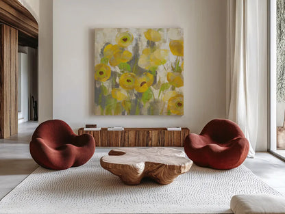 Floating Yellow Flowers IV by Silvia Vassileva. Shown as extra-large giant wall art in a modern living room. Available as an archival giclee rolled canvas, fine art paper, or poster print. SKU 27814a.