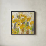 Floating Yellow Flowers V by Silvia Vassileva. Shown in a sleek black glass frame for a contemporary gallery look. Available as an archival giclee rolled canvas, fine art paper, or poster print. SKU 27815a.