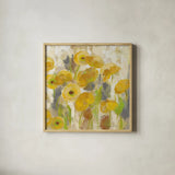 Floating Yellow Flowers V by Silvia Vassileva. Shown in a natural wood glass frame for a timeless modern aesthetic. Available as an archival giclee rolled canvas, fine art paper, or poster print. SKU 27815a.