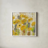 Floating Yellow Flowers V by Silvia Vassileva. Shown in a crisp white glass frame for a clean and minimalist style. Available as an archival giclee rolled canvas, fine art paper, or poster print. SKU 27815a.