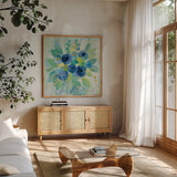Floral Array by Silvia Vassileva. Shown in a natural wood frame in a cozy modern living room. Available as an archival giclee rolled canvas, fine art paper, or poster print. SKU 46908a.