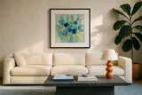 Floral Array by Silvia Vassileva. Displayed in a glass frame with matte in a clean modern living room. Available as an archival giclee rolled canvas, fine art paper, or poster print. SKU 46908a.
