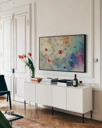 Floral Extravaganza by Silvia Vassileva. shown as a framed stretched canvas in a living room above a console. Available as a archival giclee rolled canvas, fine art paper, or poster print. SKU 53711i.