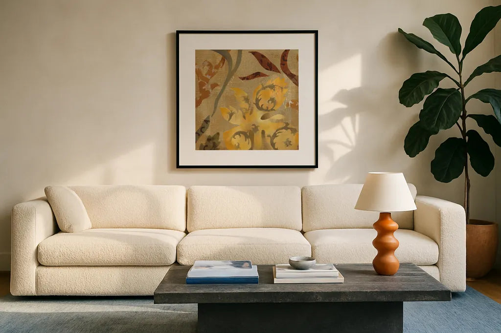 Floral Fragment I by Silvia Vassileva. Displayed in a glass frame with matte in a clean modern living room. Available as an archival giclee rolled canvas, fine art paper, or poster print. SKU 3797a.