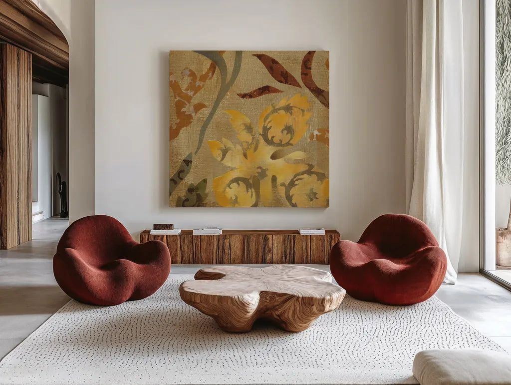Floral Fragment I by Silvia Vassileva. Shown as extra-large giant wall art in a modern living room. Available as an archival giclee rolled canvas, fine art paper, or poster print. SKU 3797a.
