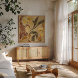 Floral Fragment II by Silvia Vassileva. Shown in a natural wood frame in a cozy modern living room. Available as an archival giclee rolled canvas, fine art paper, or poster print. SKU 3798a.