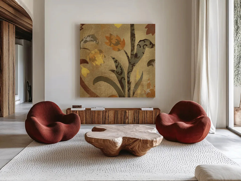 Floral Fragment III by Silvia Vassileva. Shown as extra-large giant wall art in a modern living room. Available as an archival giclee rolled canvas, fine art paper, or poster print. SKU 3799a.