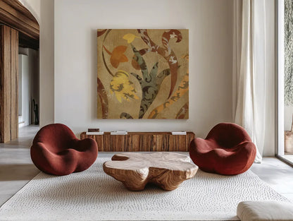 Floral Fragment IV by Silvia Vassileva. Shown as extra-large giant wall art in a modern living room. Available as an archival giclee rolled canvas, fine art paper, or poster print. SKU 3800a.
